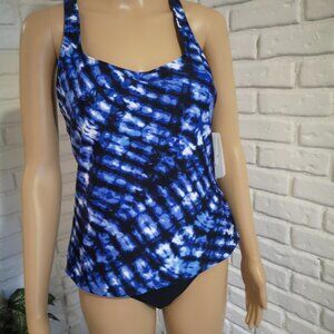 NWT Speedo Ladies Size 10 Blue, Black & White Racer Back Tankini Top Only